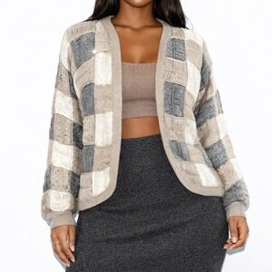 80s Vintage Bonnie Bill Mohair Boho Cardigan M Patchwork Knit Gray Taupe Ivory L